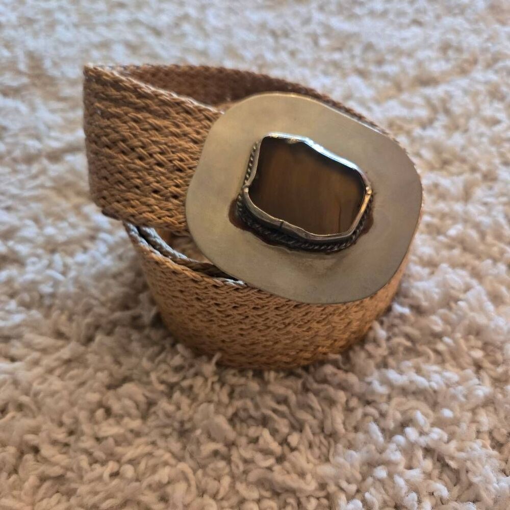Vintage Straw Belt with Metal & Stone Buckle One Size